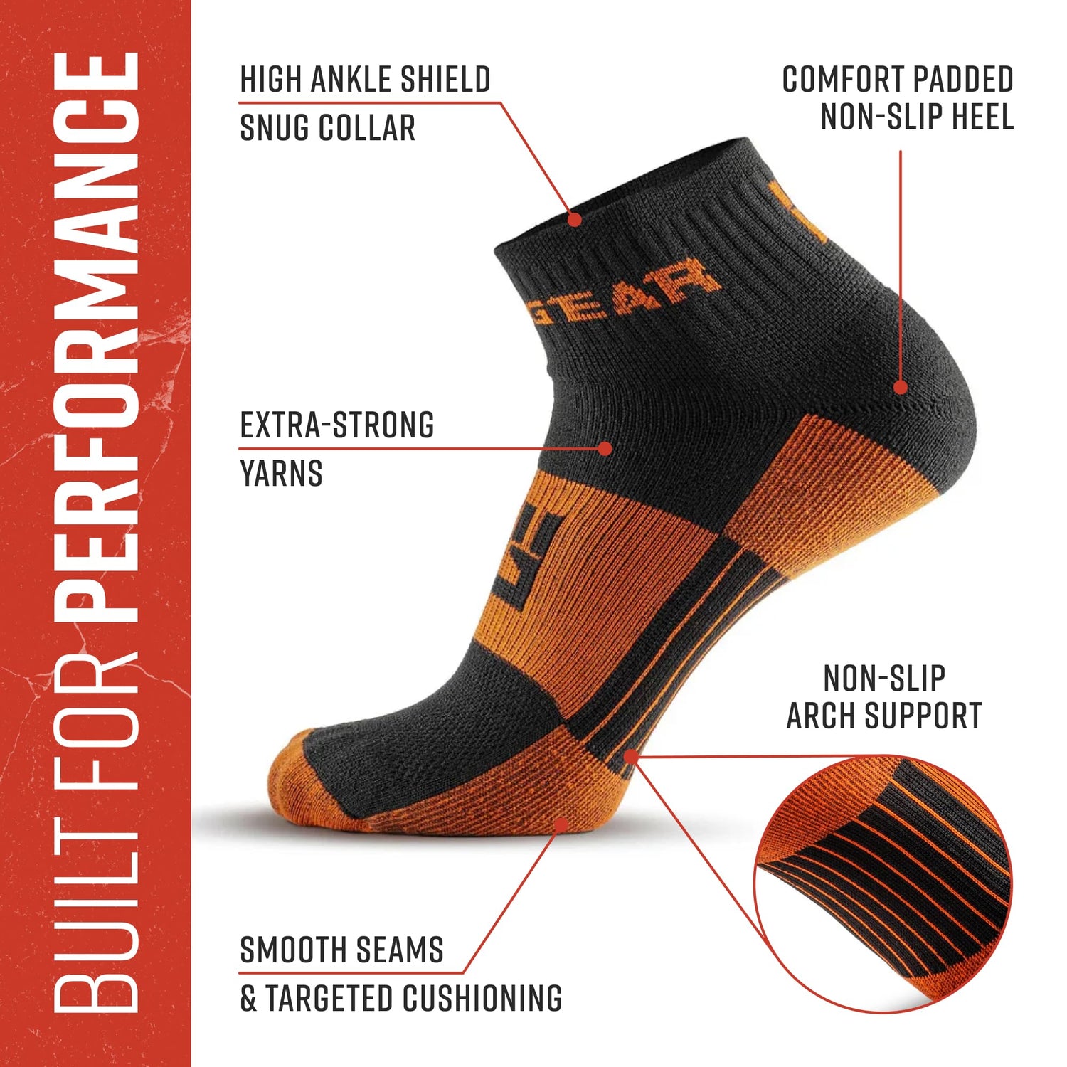 MudGear Quarter (¼) Crew Socks - Black/Orange (2 pair pack)